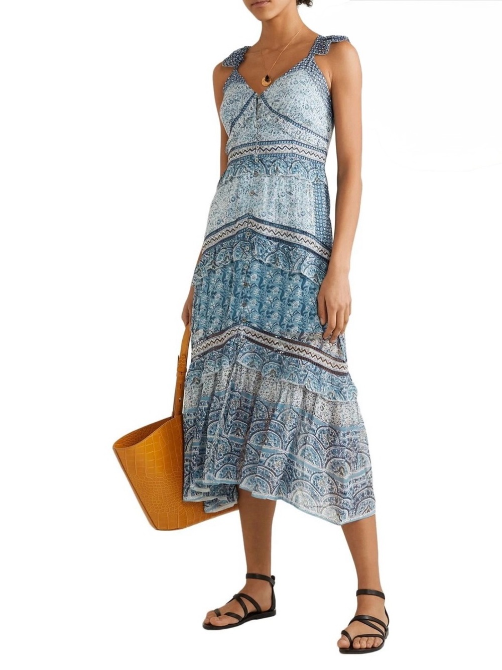 Sea New York Bella Midi Dress Blue Bohemian Printed Tiered Layers Midi Size:2